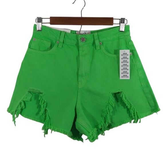 F Urban Outfitters BDG Bright Neon Green Shorts Distressed A-Line Denim NWT 27 - Picture 1 of 8